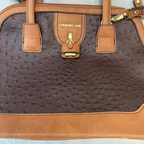 London Fog Brown & Tan Vegan Ostrich Leather Satchel Handbag With Shoulder - Picture 4 of 14